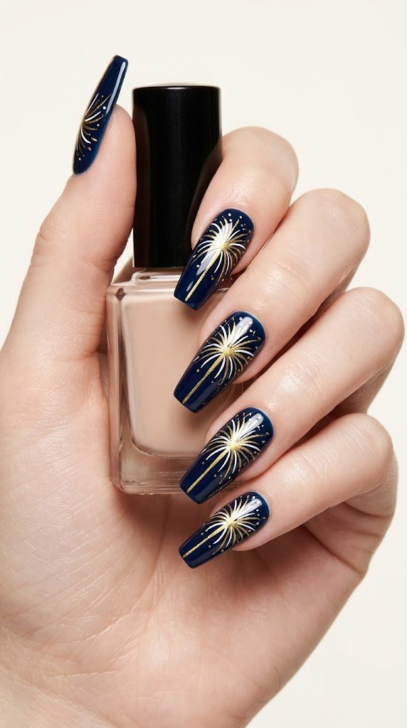 navy firework burst nails with gold and white radiating lines on glossy coffin 4th of july nails
