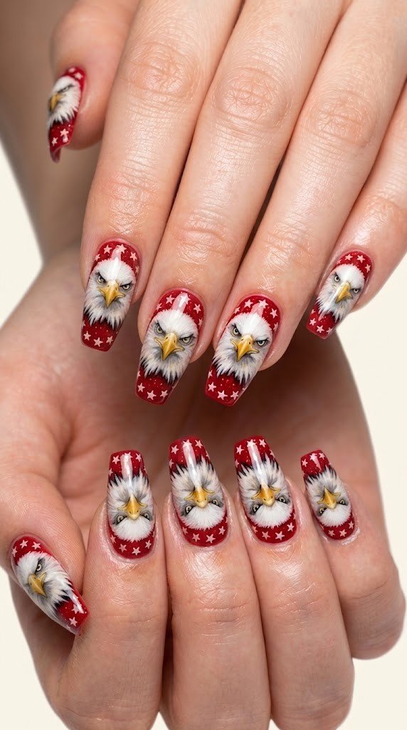 bald eagle portrait 4th of july nail designs on glossy crimson red with white star clusters