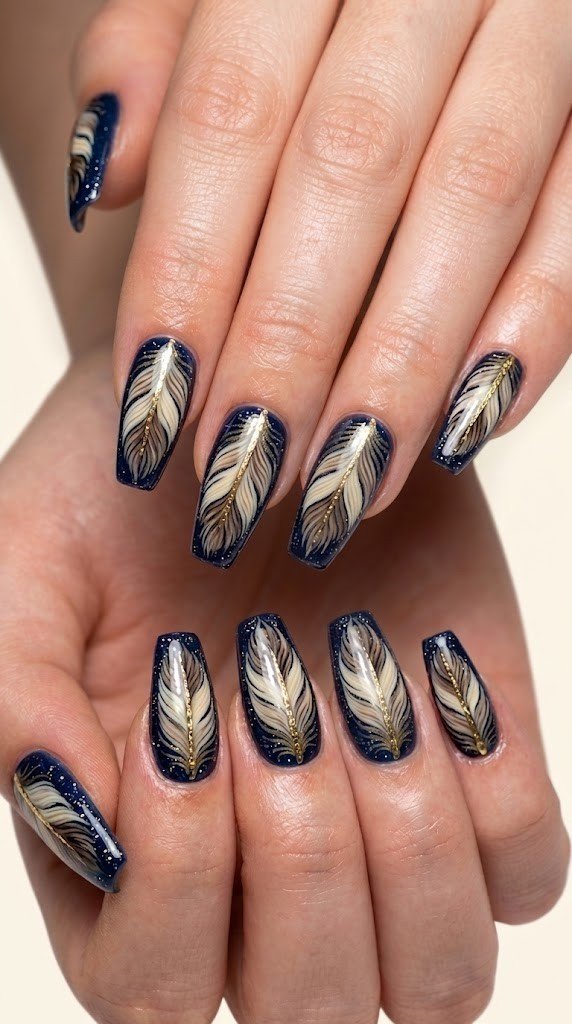 bohemian feather nail art on navy glitter base with gold spine on 4th of july coffin nails