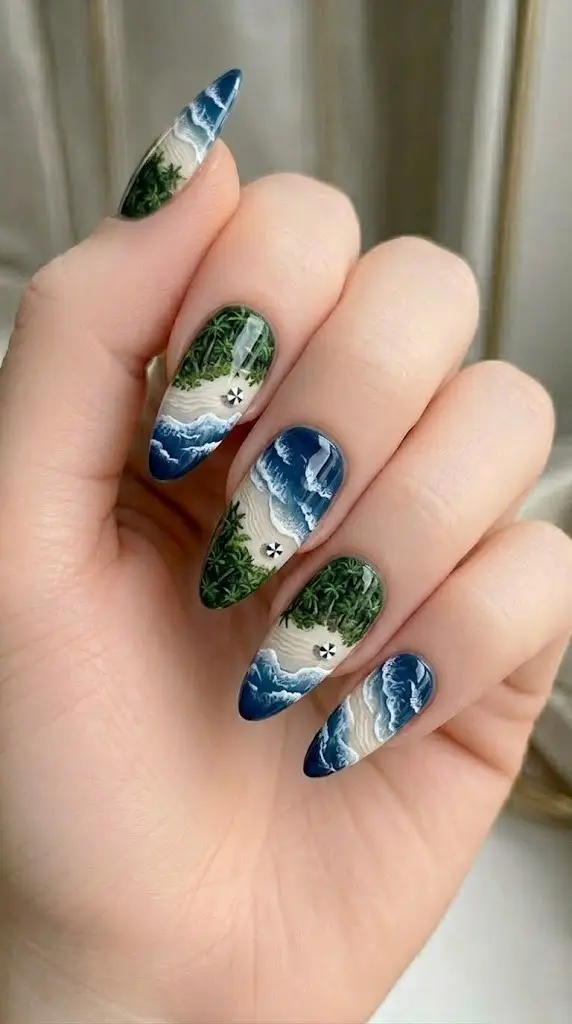 aerial coastline beach nail designs with palm trees and waves on almond nails