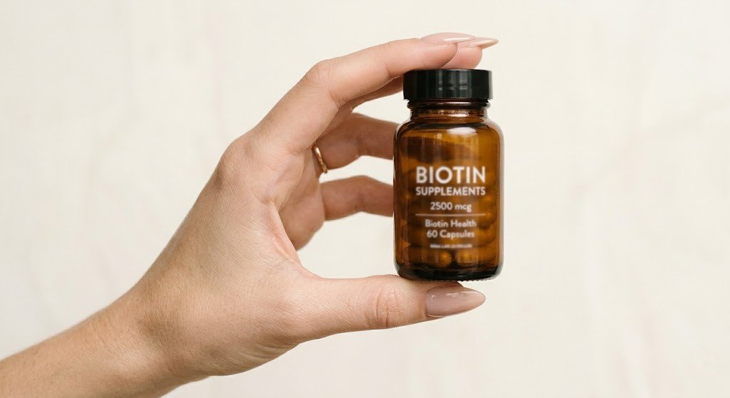 almond nails holding amber biotin supplement bottle