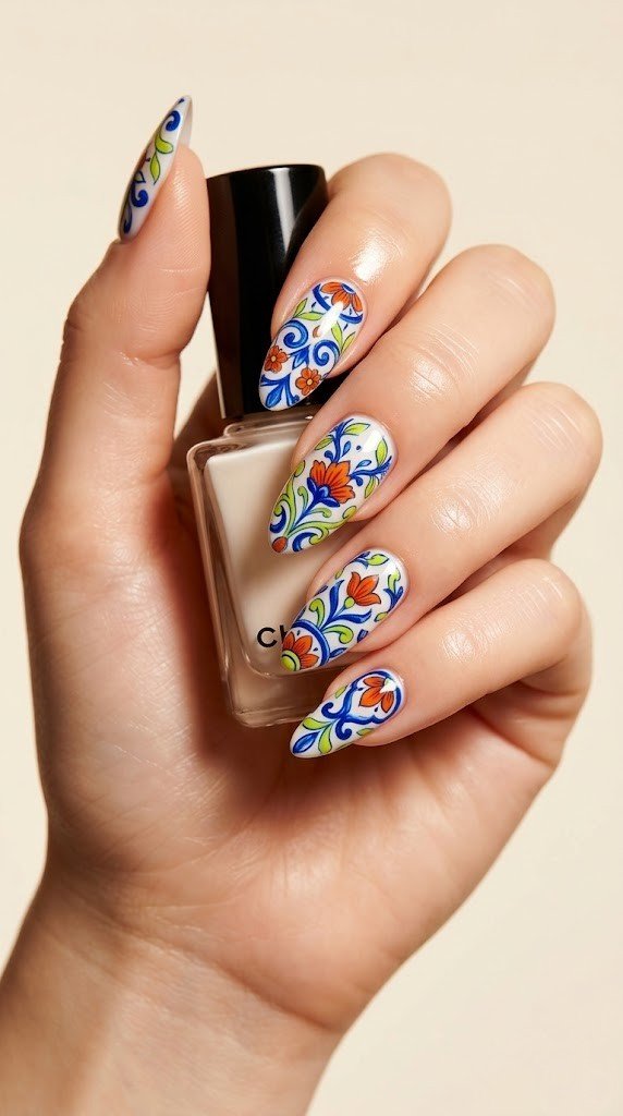 White almond nails with Amalfi Coast ceramic tile design in blue orange and green