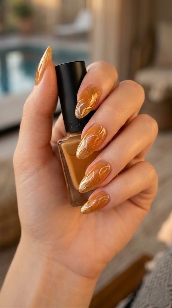 Caramel orange jelly amber marble nails with cream white and gold glitter veining