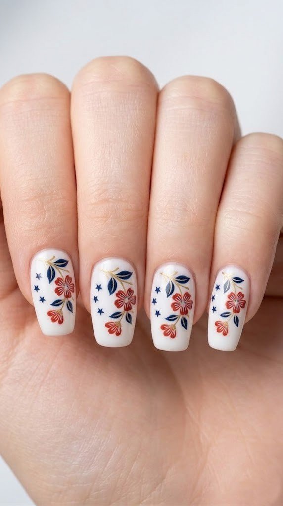americana floral 4th of july nail designs with red flowers navy leaves and gold stems