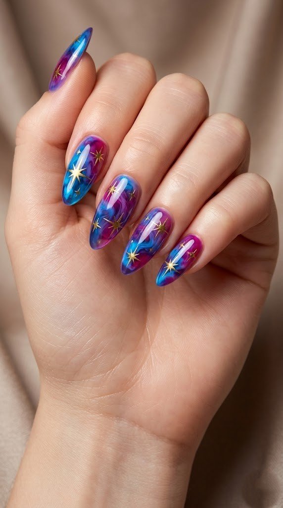Amethyst purple and electric turquoise watercolor nebula nails with metallic gold starburst icons