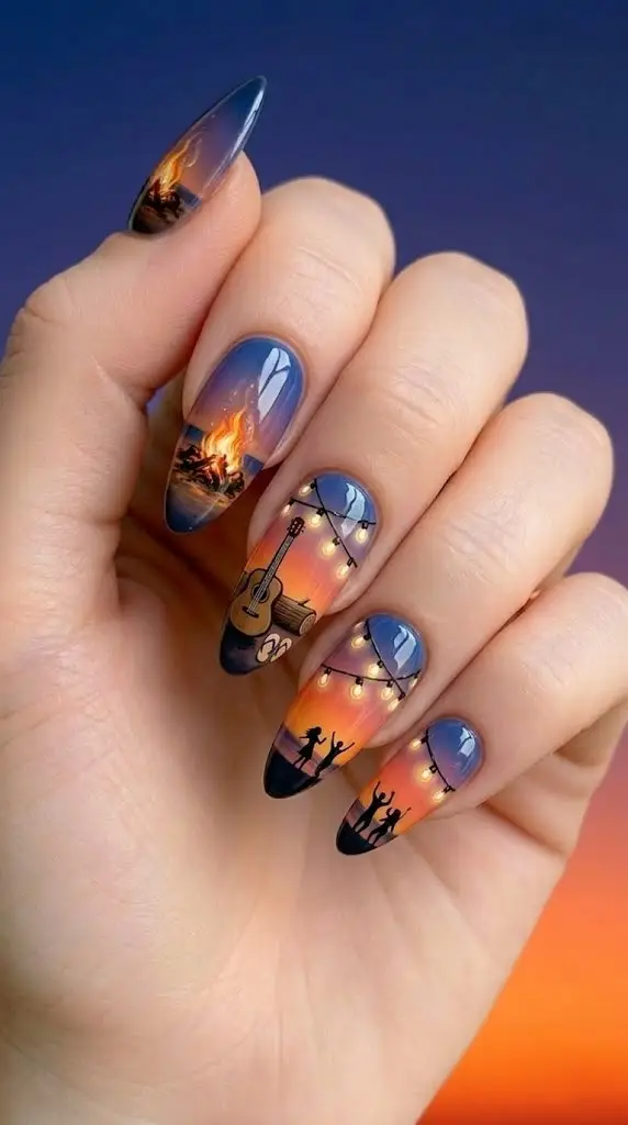 New: "beach bonfire night scene nail designs with fairy lights and silhouettes on almond nails