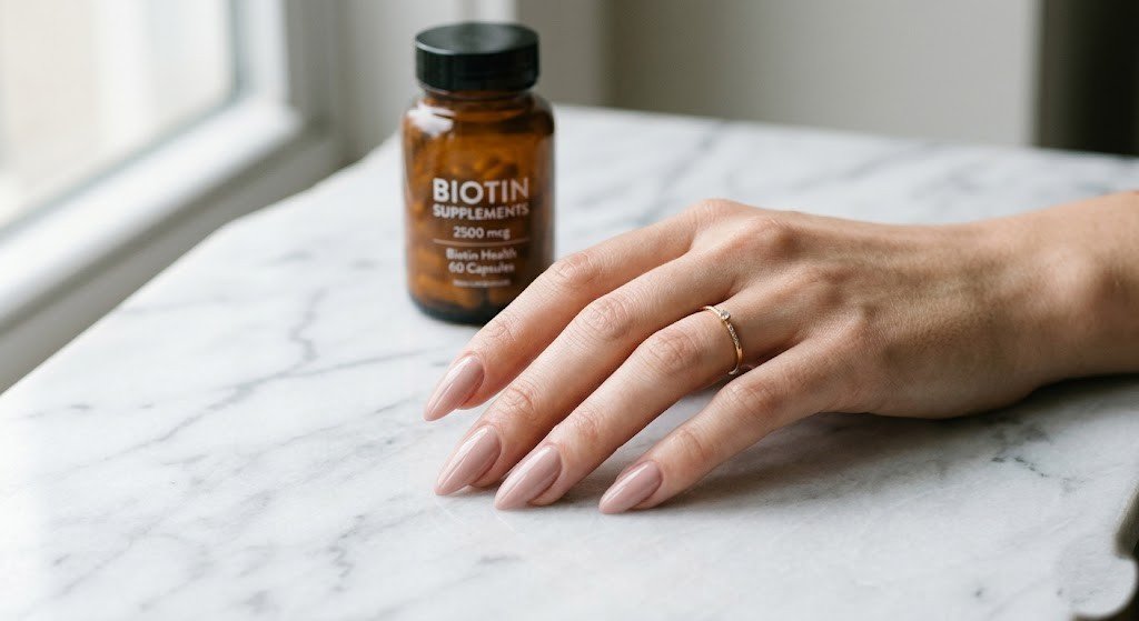 long almond nails with nude pink gel resting on marble surface next to biotin supplement bottle