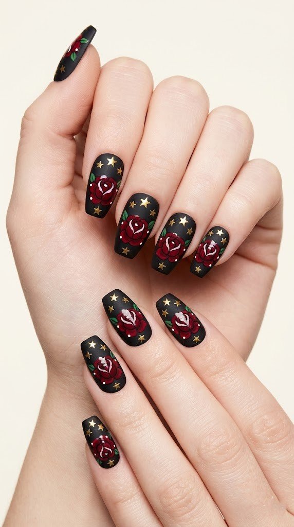 black matte 4th of july nails with deep red roses and metallic gold star clusters
