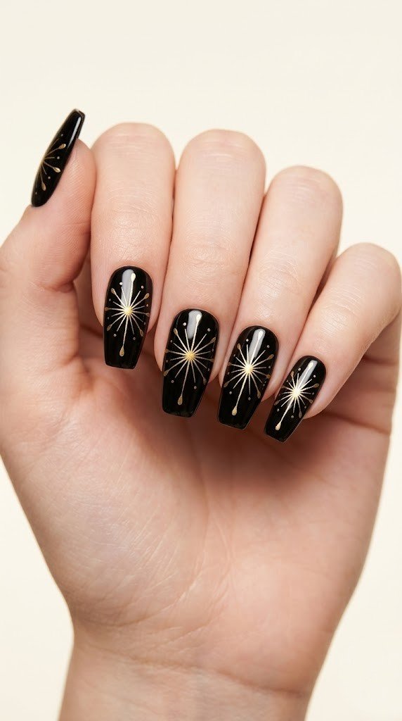 black glossy nails with single centered metallic gold firework burst for elegant 4th of july nails