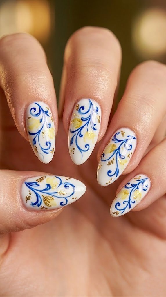 White almond nails with royal blue porcelain vine design and gold glitter detail