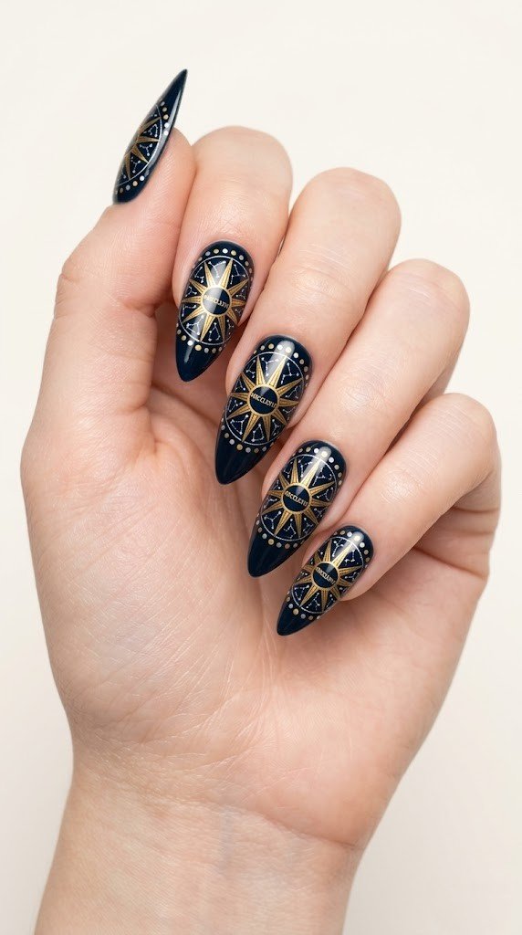 celestial astrological chart nails with gold sunburst and zodiac dial on midnight blue almond nails