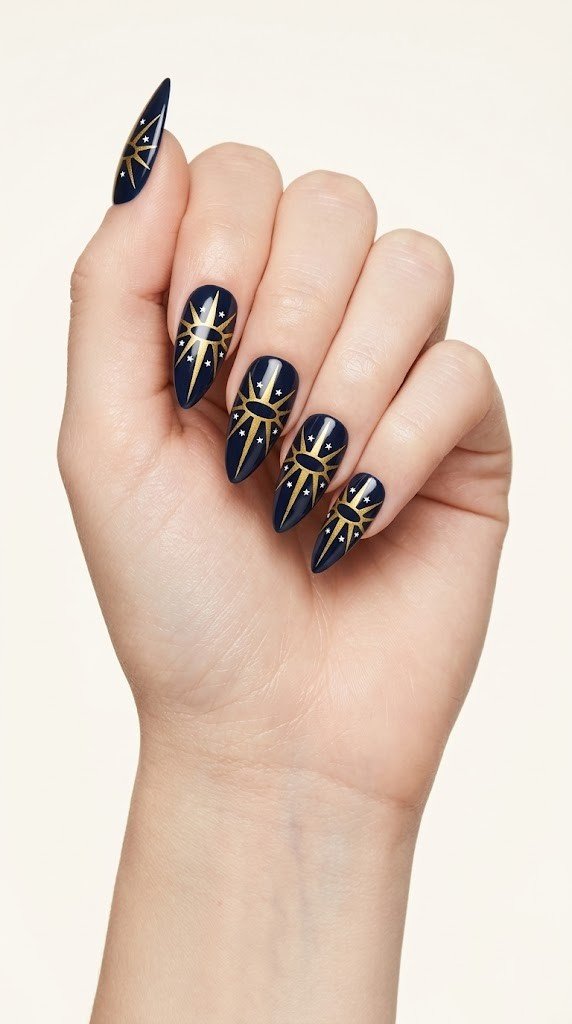 celestial sun symbol nails on navy blue with metallic gold starburst and white stars almond nails