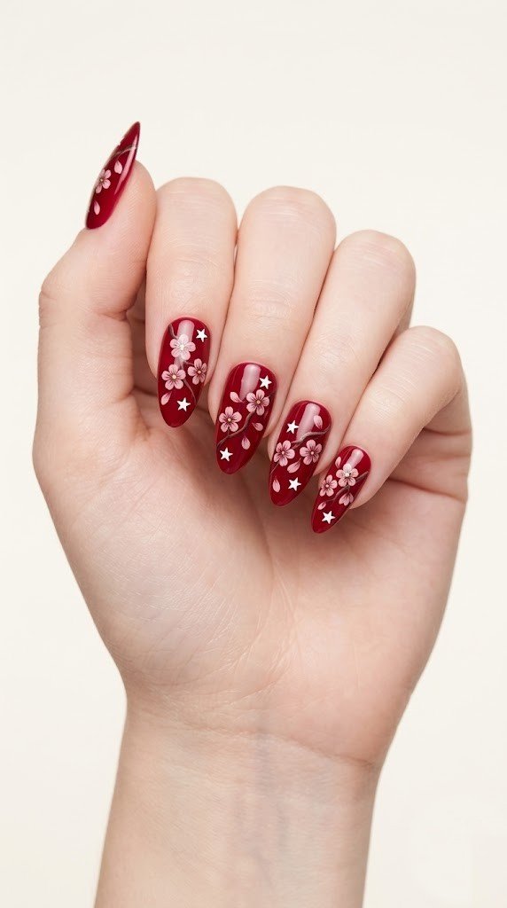 cherry blossom 4th of july nail designs with pink flowers on deep red glossy base with stars