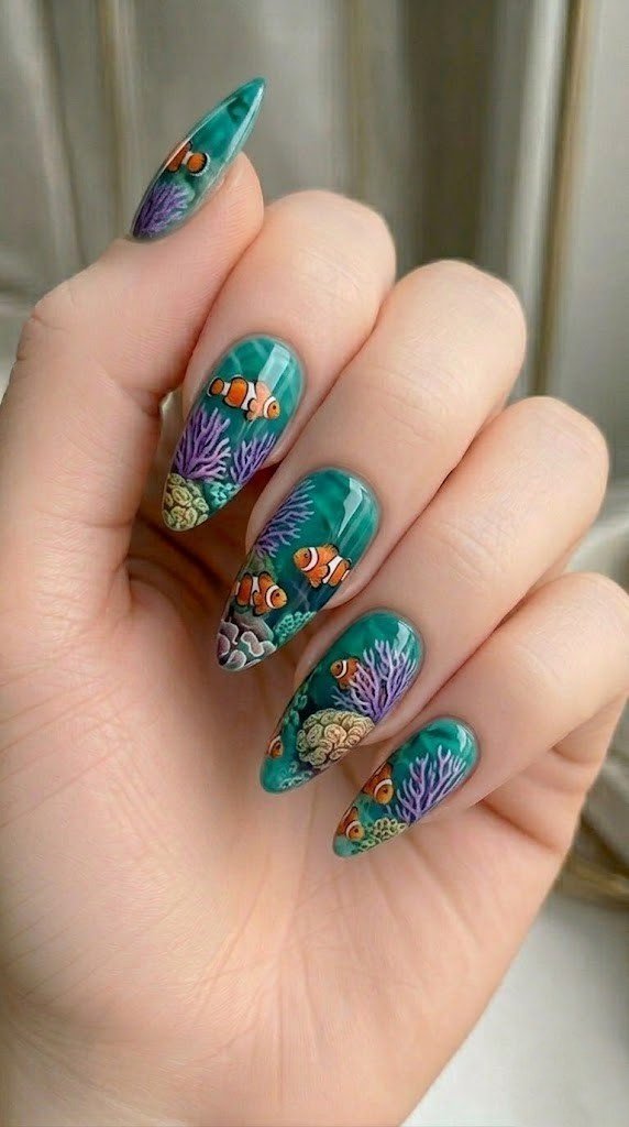 clownfish coral reef beach nails in turquoise with orange and purple detail on almond nails