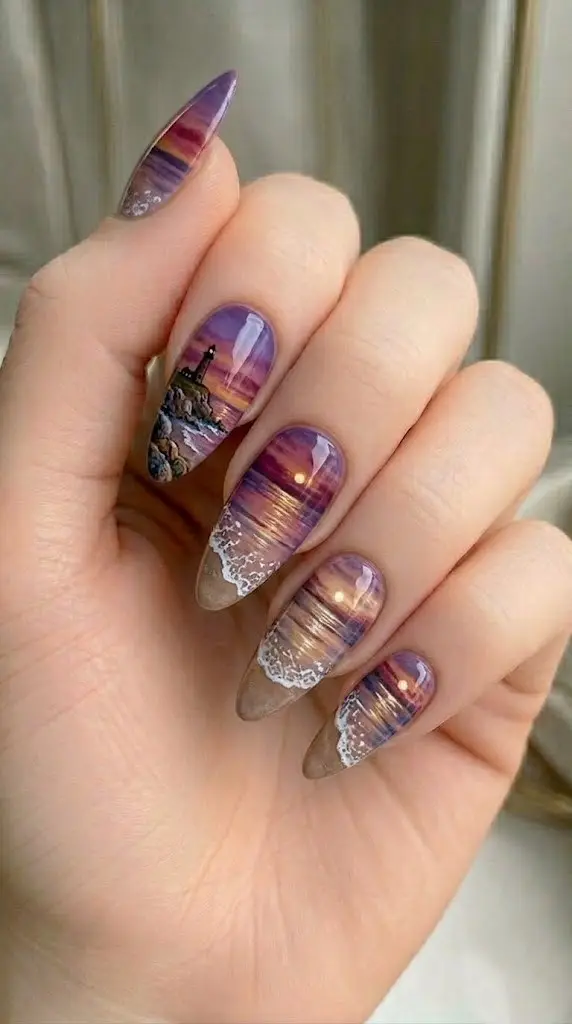 wicker beach chair nail art on matte sandy ombre almond nails