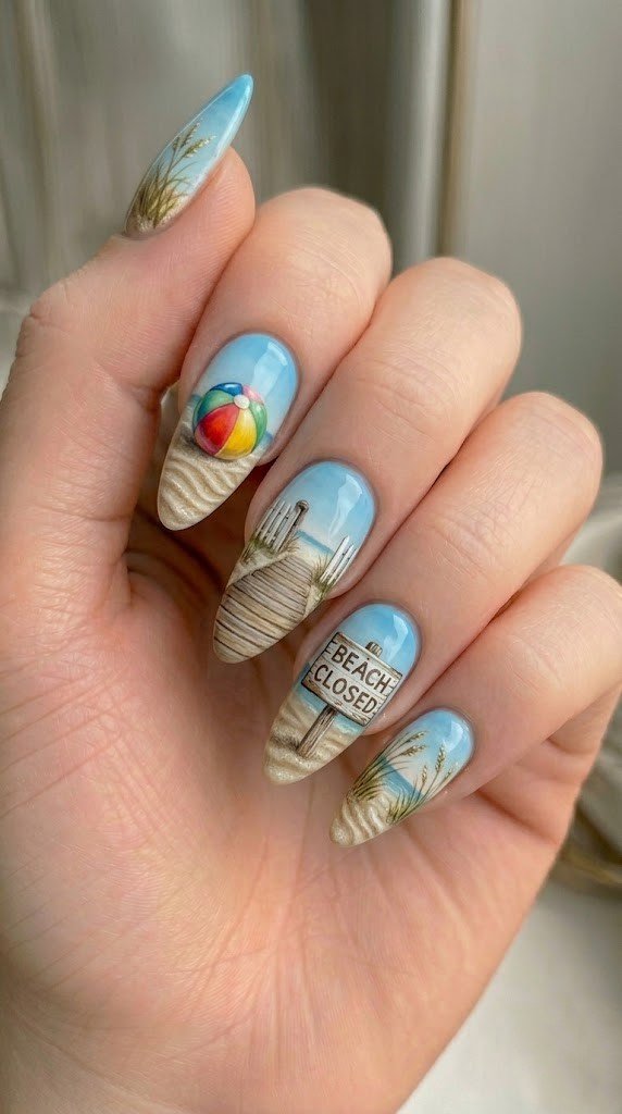 coastal story beach nail designs with beach ball boardwalk and grass on almond nails