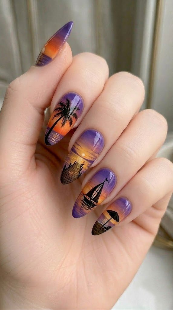 coastal sunset silhouette beach nails with dock and sailboat on almond nails