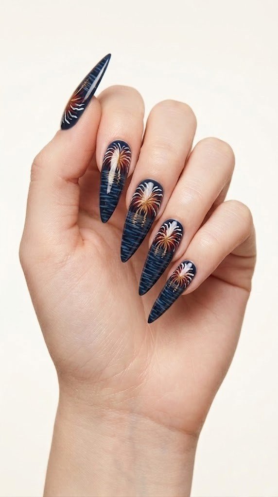 firework reflection water nail art with night sky and shimmering river on stiletto nails