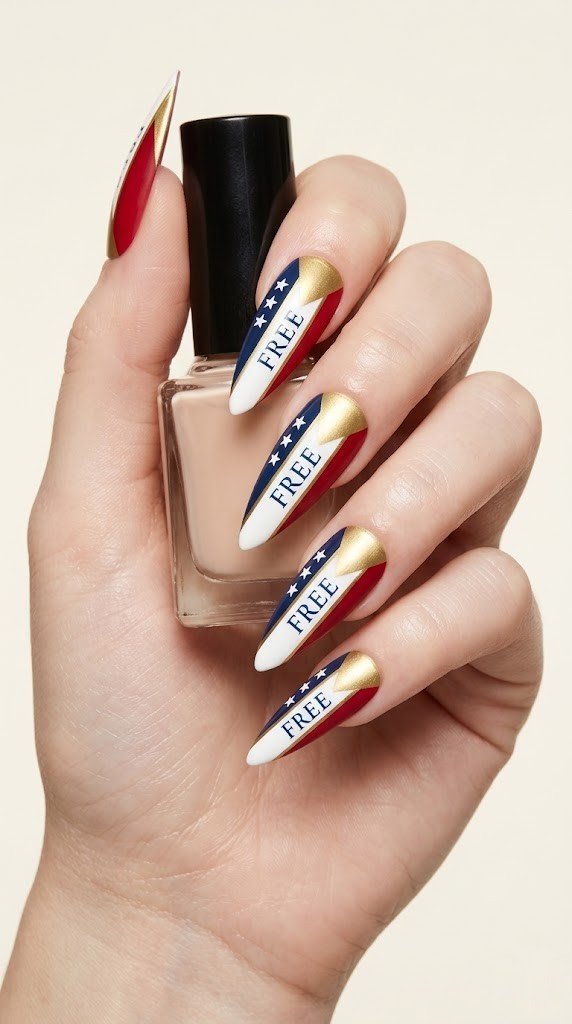 patriotic 4th of july nails with FREE text in navy blue over red white and blue design