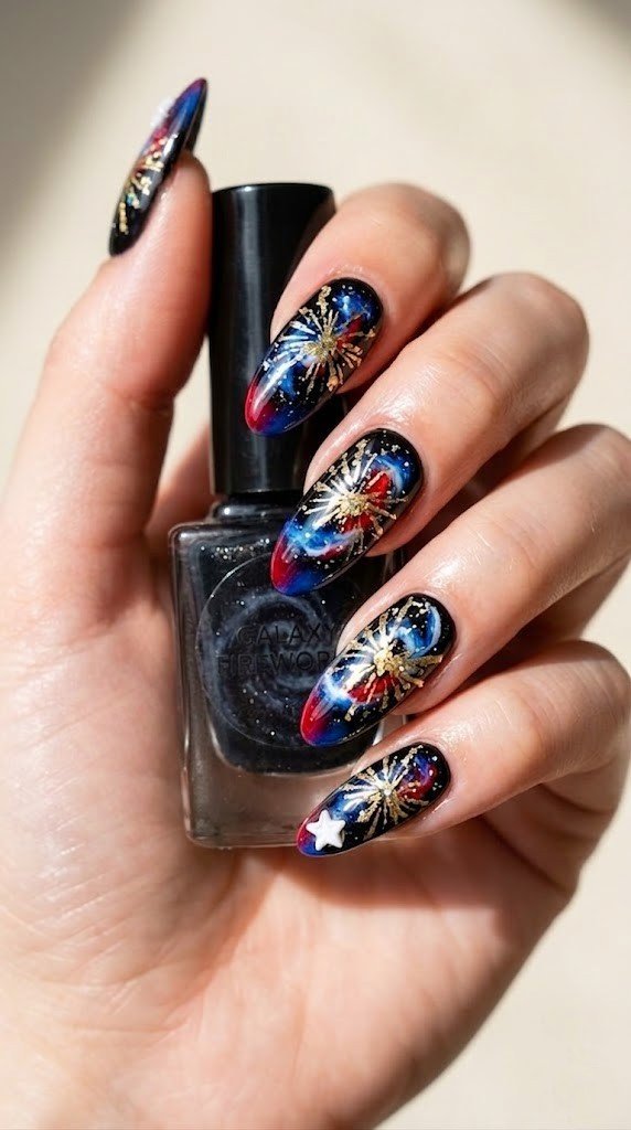 galaxy firework 4th of july nail art with metallic gold bursts on cosmic swirl base