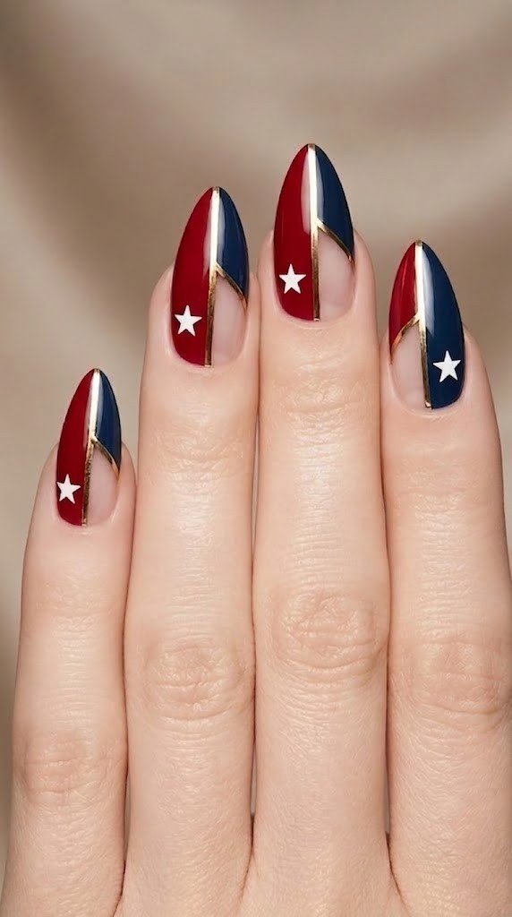 geometric 4th of july nail designs with red navy gold split design and white stars