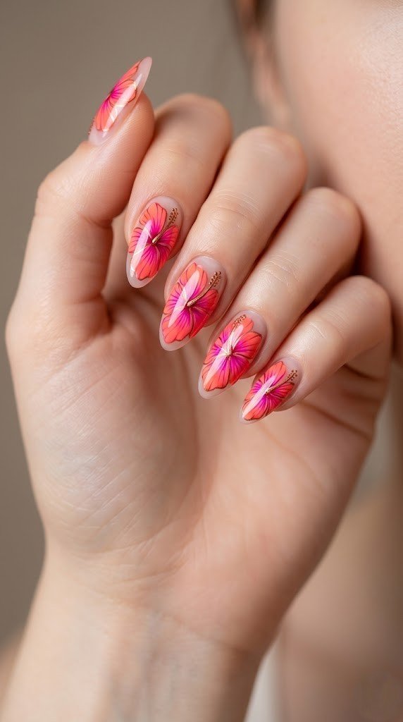 Milky nude glass nails with vibrant coral-to-magenta hibiscus flowers and gold stamen