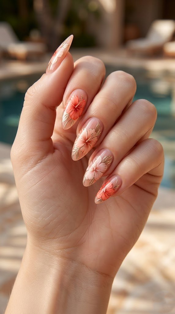 Sheer nude-pink almond nails with hand-painted hibiscus flowers and gold metallic leaves