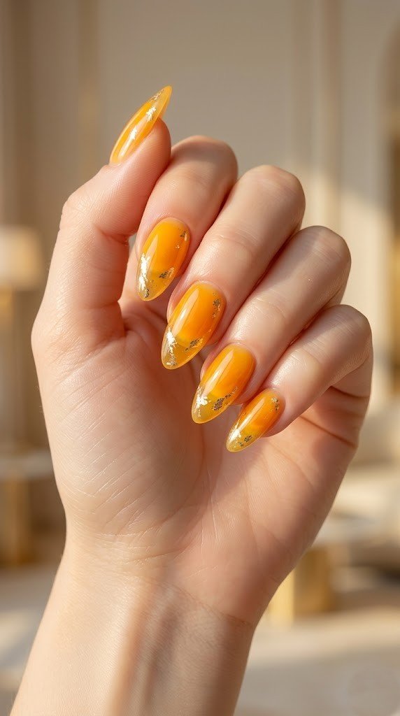 Translucent honey yellow glass nails with marigold orange aura center and silver foil accents