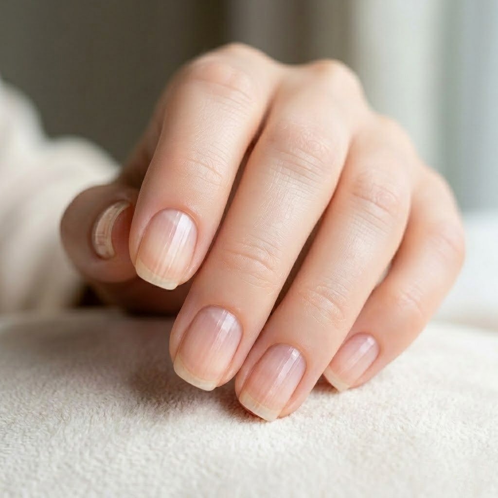 closeup of horizontal ridges on nails showing Beau's lines across nail plate