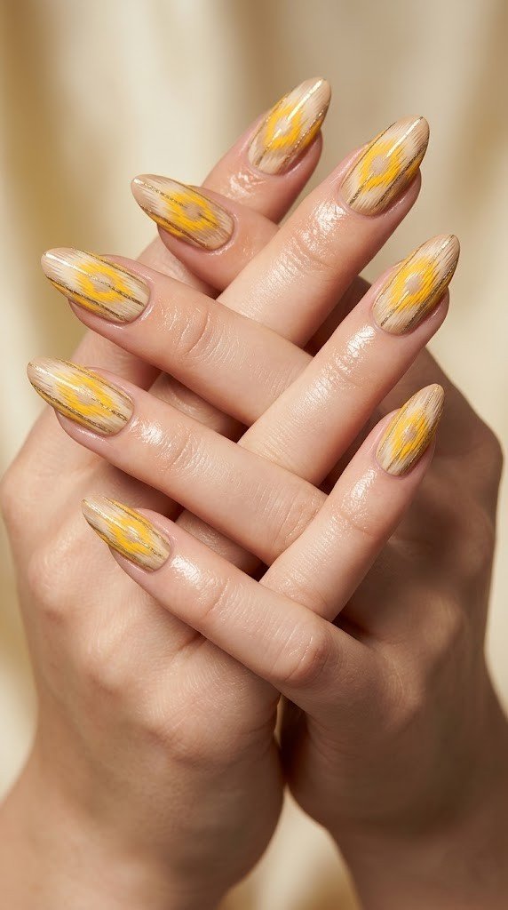 Nude beige almond nails with mustard yellow ikat diamond pattern and gold glitter stripes