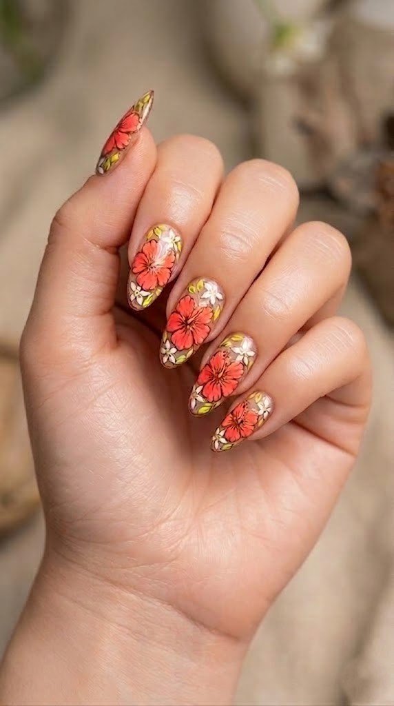 Clear glass almond nails with coral red hibiscus, white jasmine flowers and green leaves
