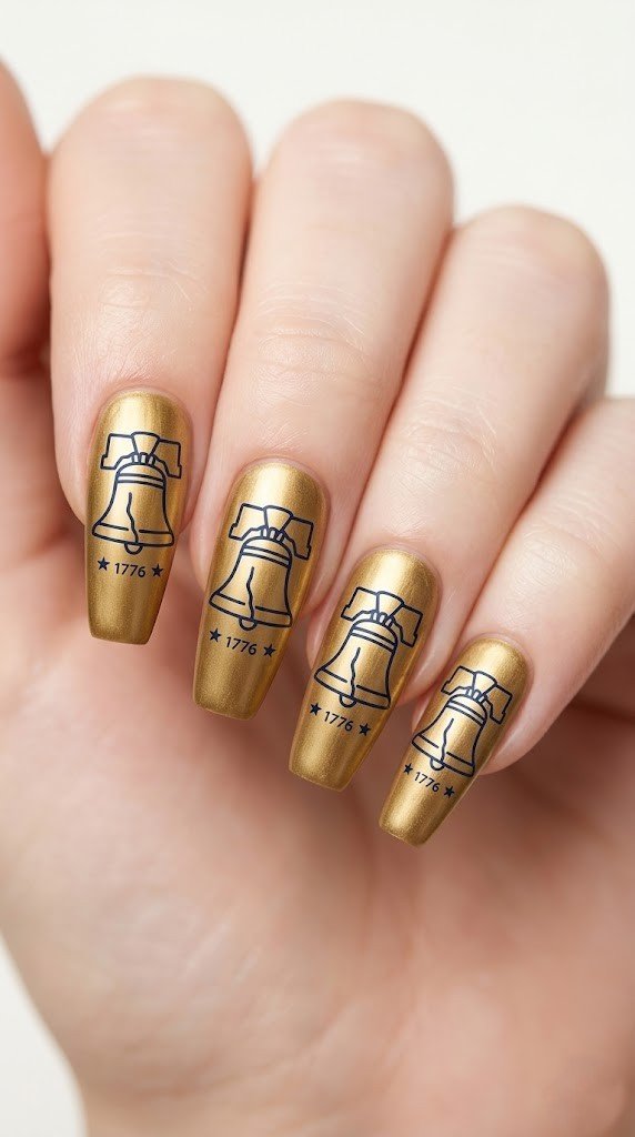 liberty bell nail art on brushed gold satin nails with 1776 engraving on long coffin nails