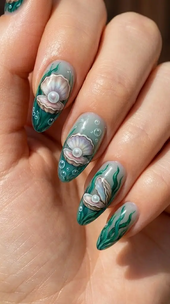 maritime gold anchor and compass beach nail designs on glossy turquoise almond nails