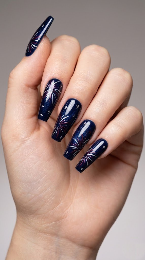 midnight blue cat eye firework nails with metallic silver red bursts on coffin 4th of july nails
