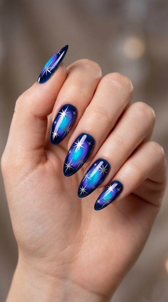 Deep navy and cosmic purple velvet cat-eye nails with silver chrome starbursts and star details