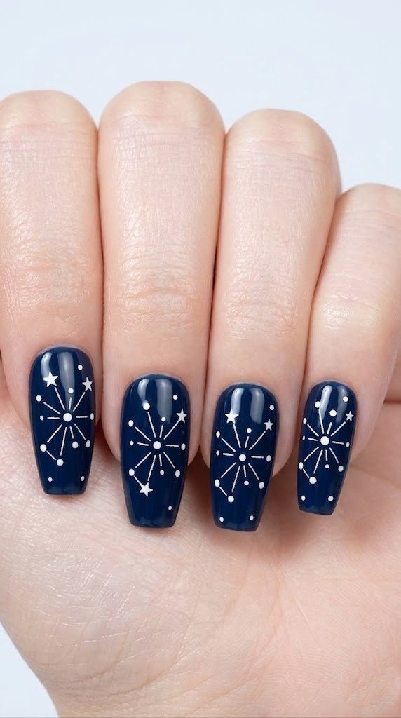 minimalist 4th of july nail designs with white line art fireworks on deep navy coffin nails