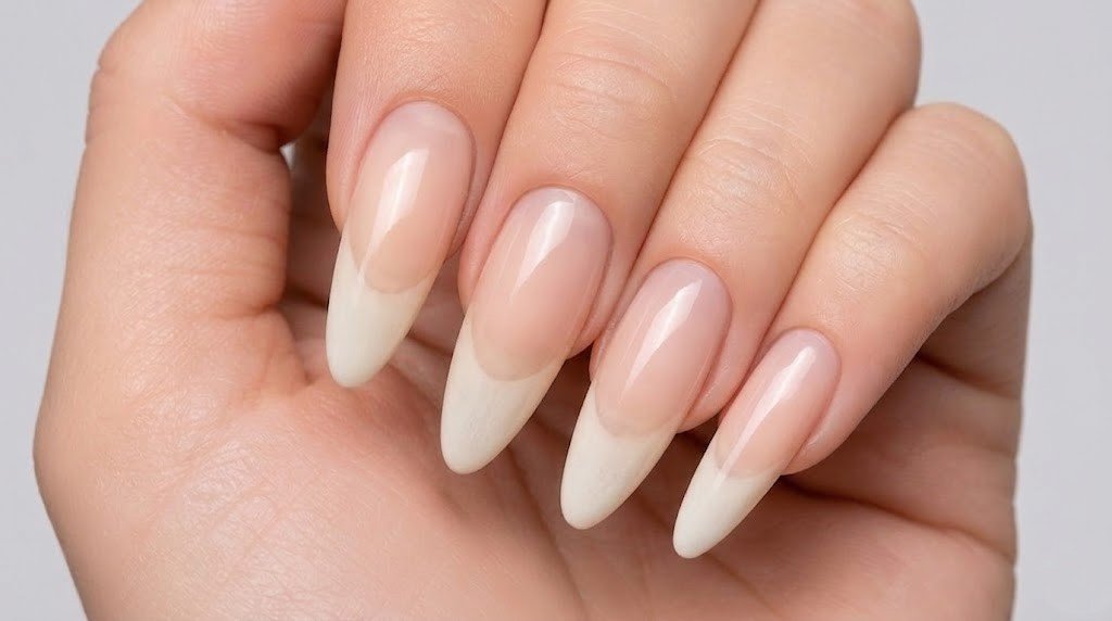 natural long almond nails with bare free edge showing healthy nail growth without polish
