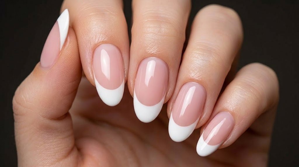 closeup of strengthened natural nails with white french tips showing healthy nail plate