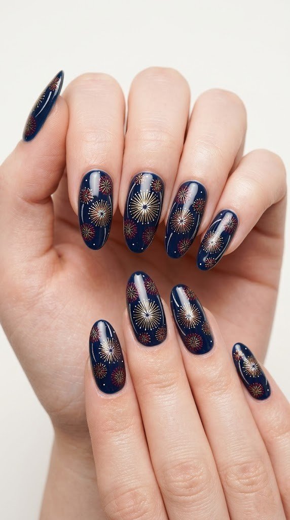 navy fireworks landscape nail designs with overlapping gold crimson red bursts on oval nails