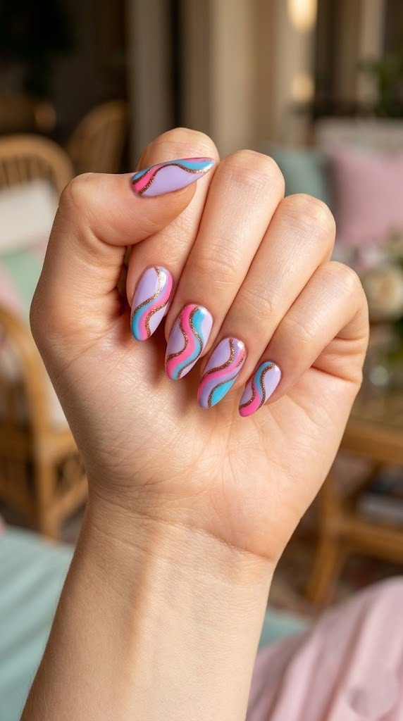 pastel lavender abstract wave pink turquoise nails