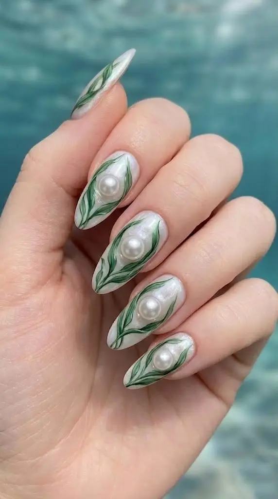 iridescent pearl gel base with raised cream pearl embellishment and green seaweed almond nail design