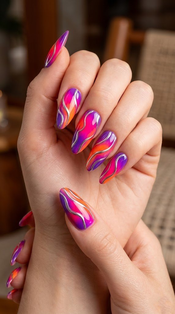 Neon magenta orange and purple aura gradient nails with 3D metallic silver chrome waves