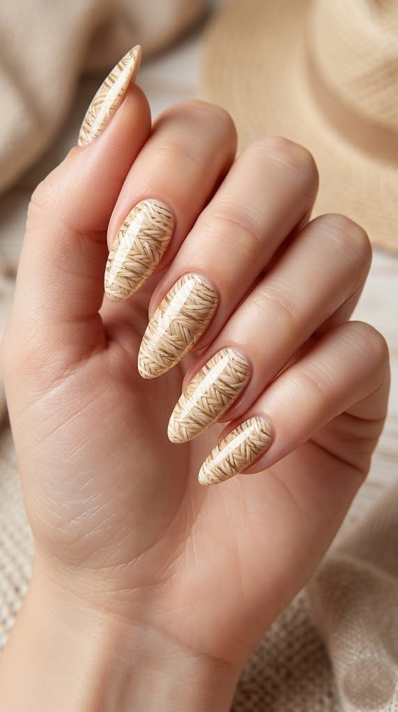 Tan cream beige almond nails with raffia woven chevron texture and gold glitter lines