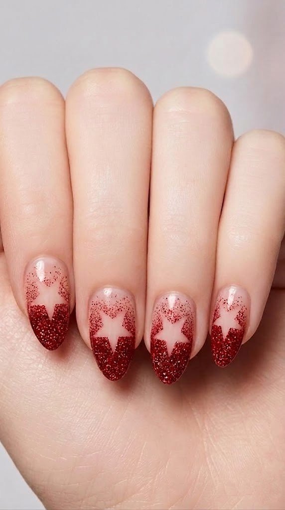 red glitter ombre 4th of july nails with negative space star stencil on nude base