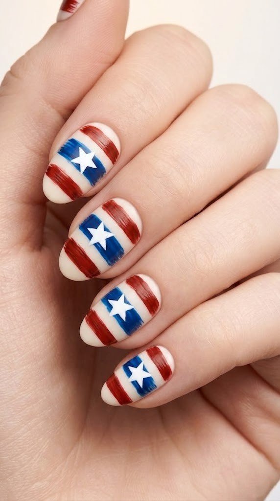 simple 4th of july nails with painted american flag brushstrokes on milky white base