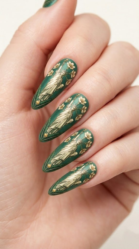 statue of liberty engraving nail art on forest green matte base with cream botanical details
