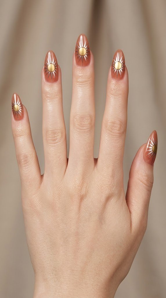 Terracotta orange almond nails with gold circle sun and silver radiating sunbeam design