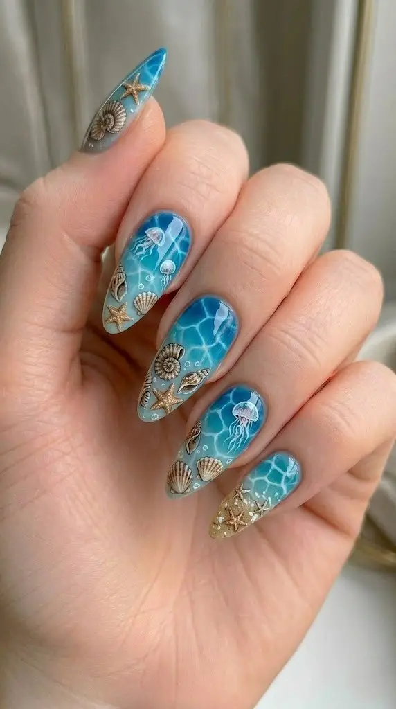 tide pool jellyfish and seashell beach nail designs with starfish on almond nails