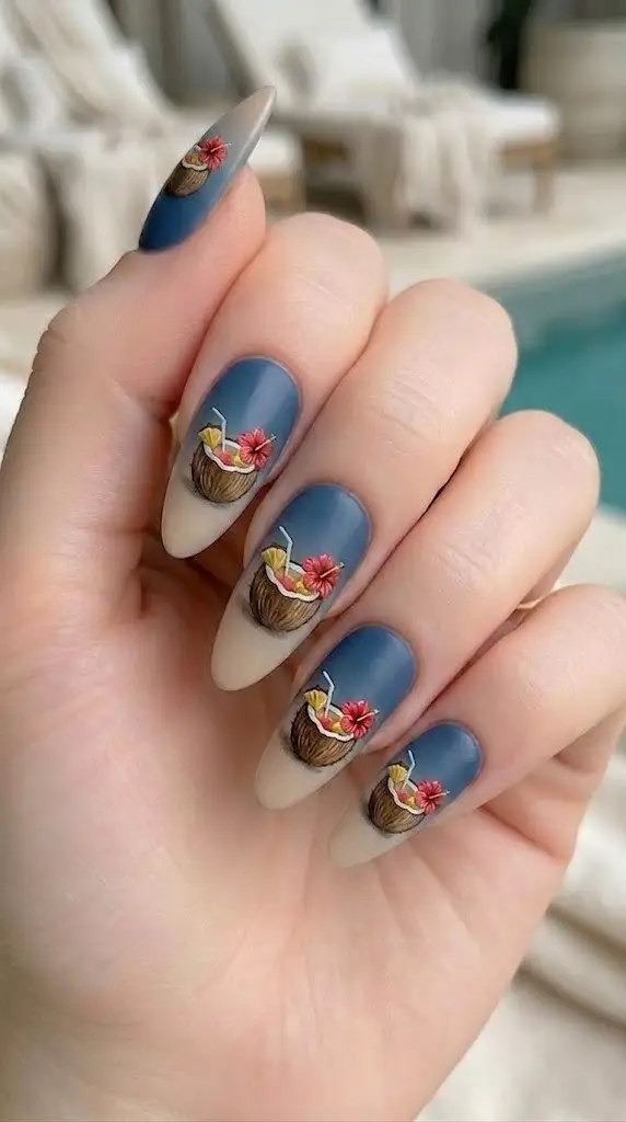 matte ombre beach nails with tropical coconut drink nail art on almond nails