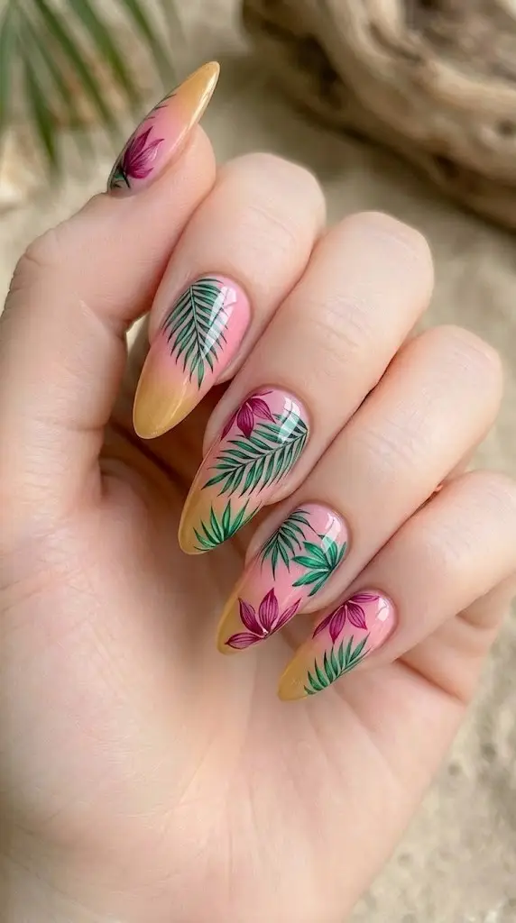 tropical palm leaf and hibiscus flower beach nail designs on long almond nails